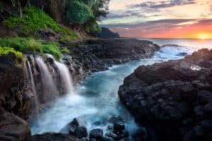 Waterfall near Queen's Bath at sunset, Kauai, Hawaii hateii hawiia hawaii. hawaiii hawiaii hwaii hawaai hawall hawii hawwai hawwaii hawwii hiwaii haiwaii hawia hawwi 1112750291